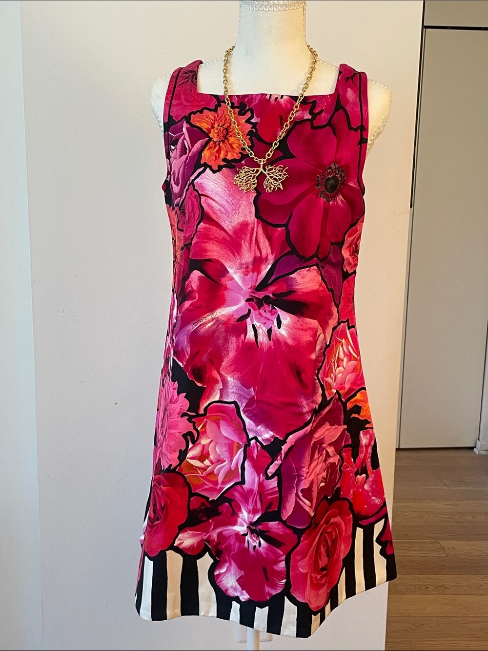 Roberto Cavalli Pink Floral Dress Black White Stripe Hem Sleeveless EU 38
